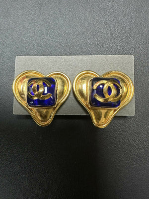 Chanel Vintage 95P Gripoix Blue  Gold Plated Heart Clip-on Earrings