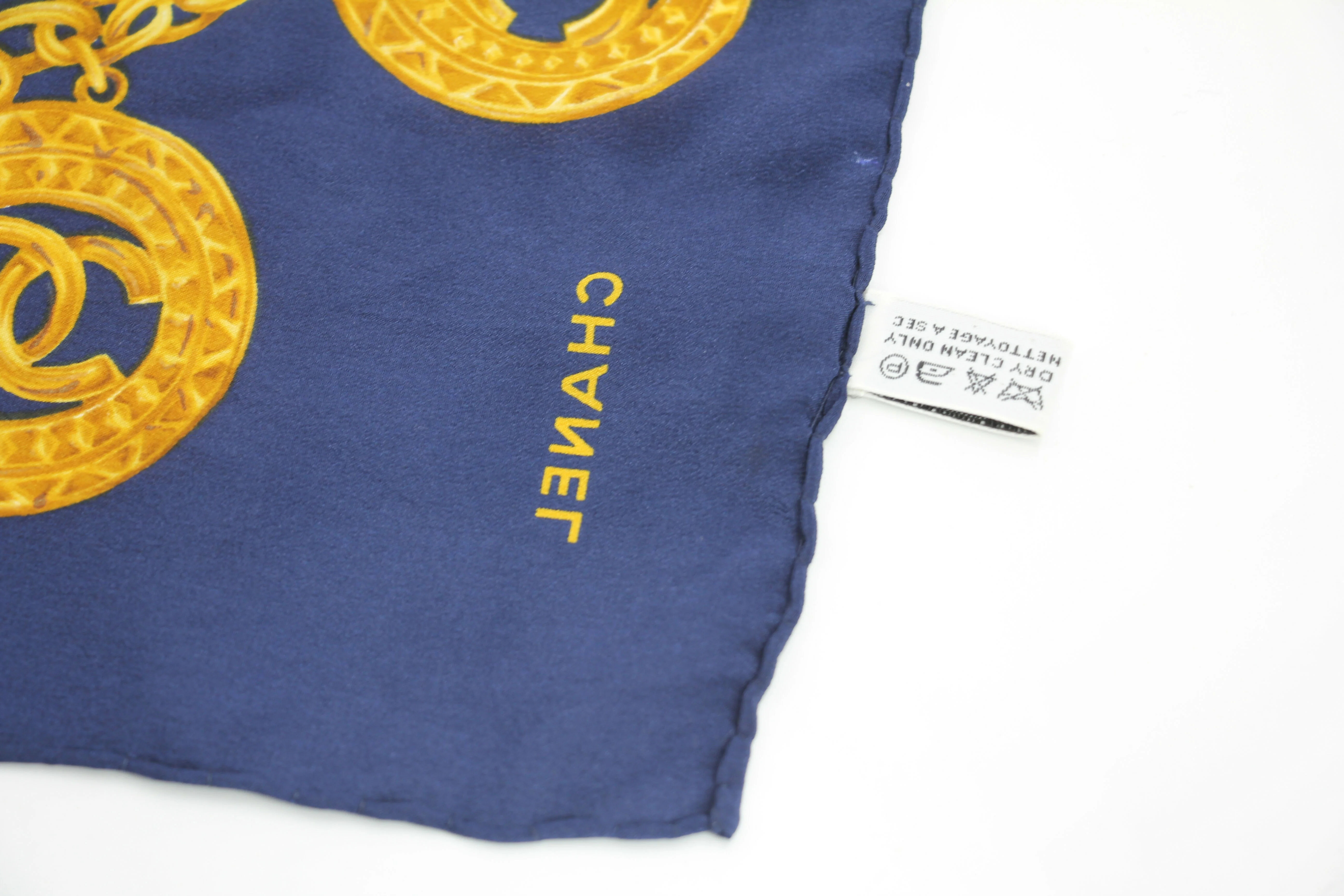 Chanel 100% Silk Navy Blue Chain and Gold Coin Pattern Scarf