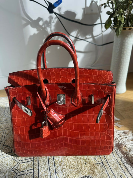 Hermes Birkin 25 Braise Shiny Niloticus Crocodile Leather Palladium Hardware