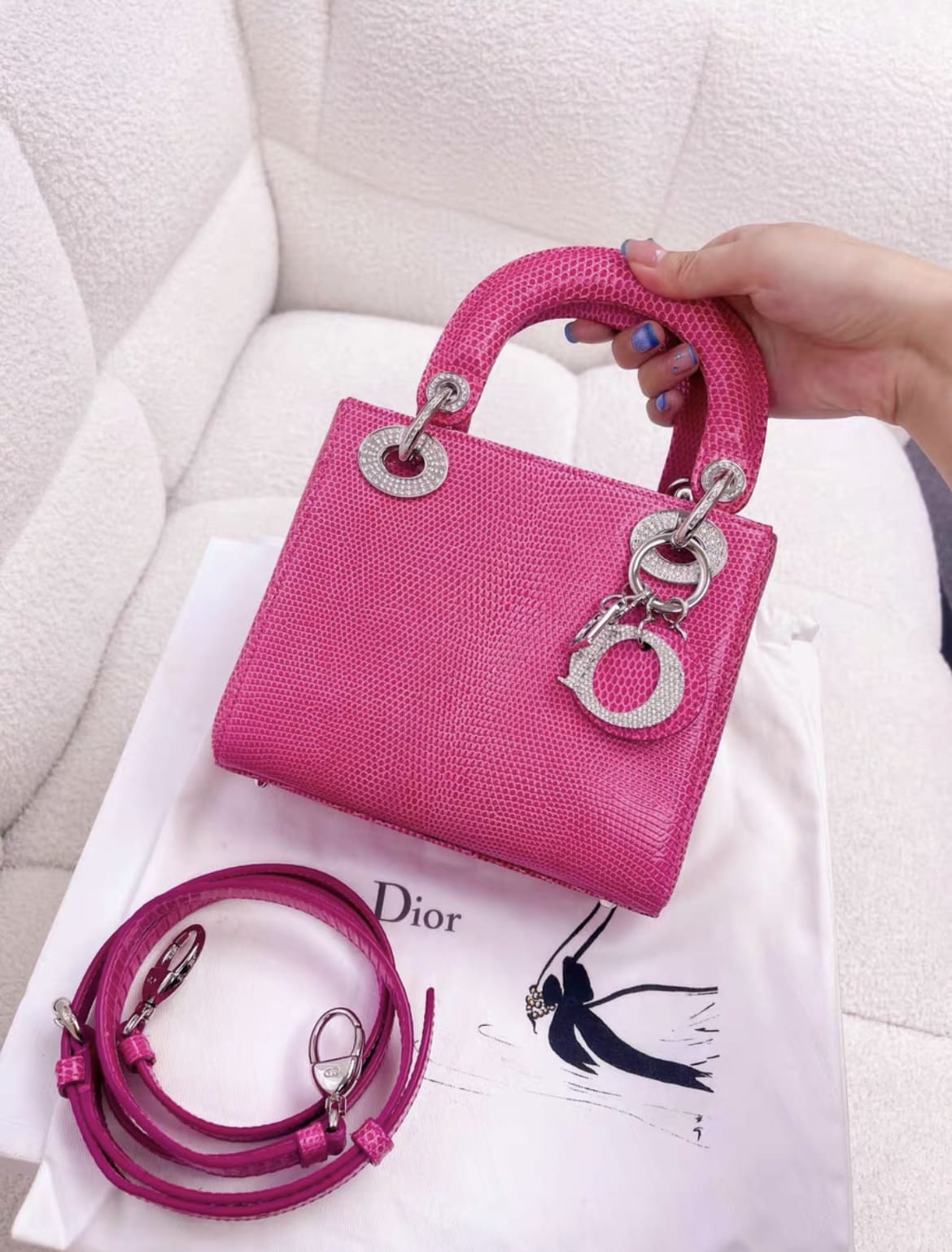 DIOR Christian Dior Lady Dior Bag Pink Lizard with Crystal Charms Mini - Small Crossbody Bag - Vintage fashion from Top Quality Luxury Designers Bag