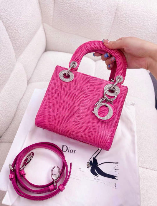 DIOR Christian Dior Lady Dior Bag Pink Lizard with Crystal Charms Mini - Small Crossbody Bag - Vintage fashion from Top Quality Luxury Designers Bag