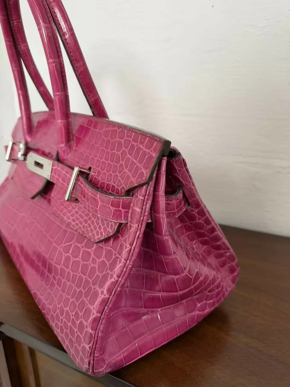 Hermes Birkin shoulder Pink shiny crocodile leather palladium harwdare