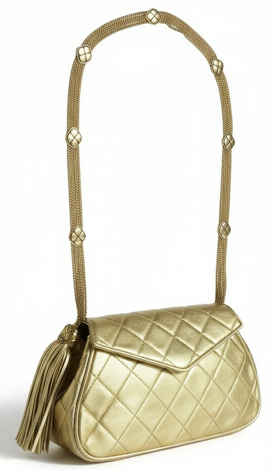 Rare 90’s Chanel Vintage Gold Quilted Lambskin Leather Multi Chain Jewelry Tassel Bag
