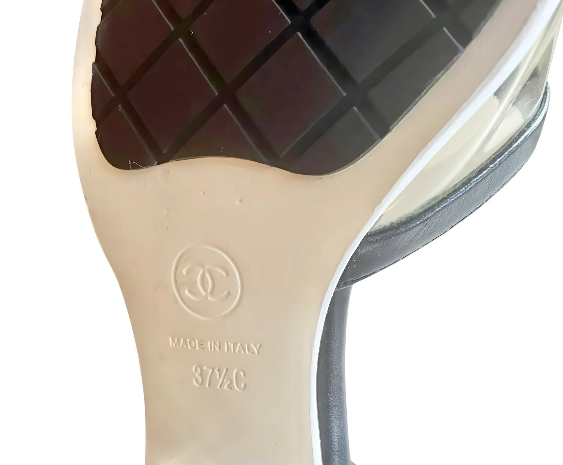 Chanel 19S Sand by the Sea Runway PVC Black Leather Heel Mule Slides EU 37.5C