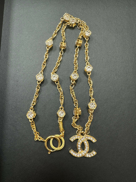 Chanel Vintage 71-80 Rhinestone  Gold Plated CC Necklace