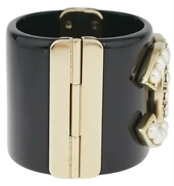 Chanel Iconic 14B Crystal  Pearl CC Wide Black Cuff Bracelet GHW
