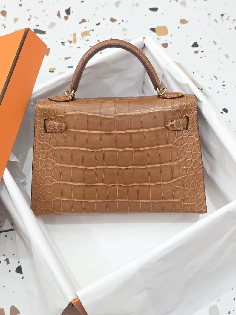 Hermes Mini Kelly 20 Brown Gold matte alligator gold hardware