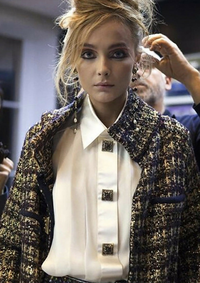 Iconic Chanel 11A Paris-Byzance Multicolor Gold Metallic Wool Tweed Coat FR 44