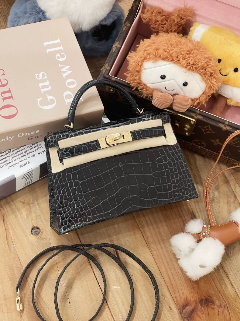 Hermès Mini Kelly 20 graphite grey shiny crocodile leather light gold hardware