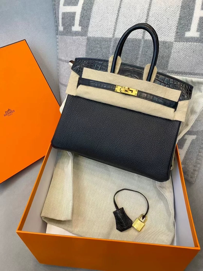 Hermes Birkin touch 25 Black Togo  Matte Alligator Leather with gold hardware