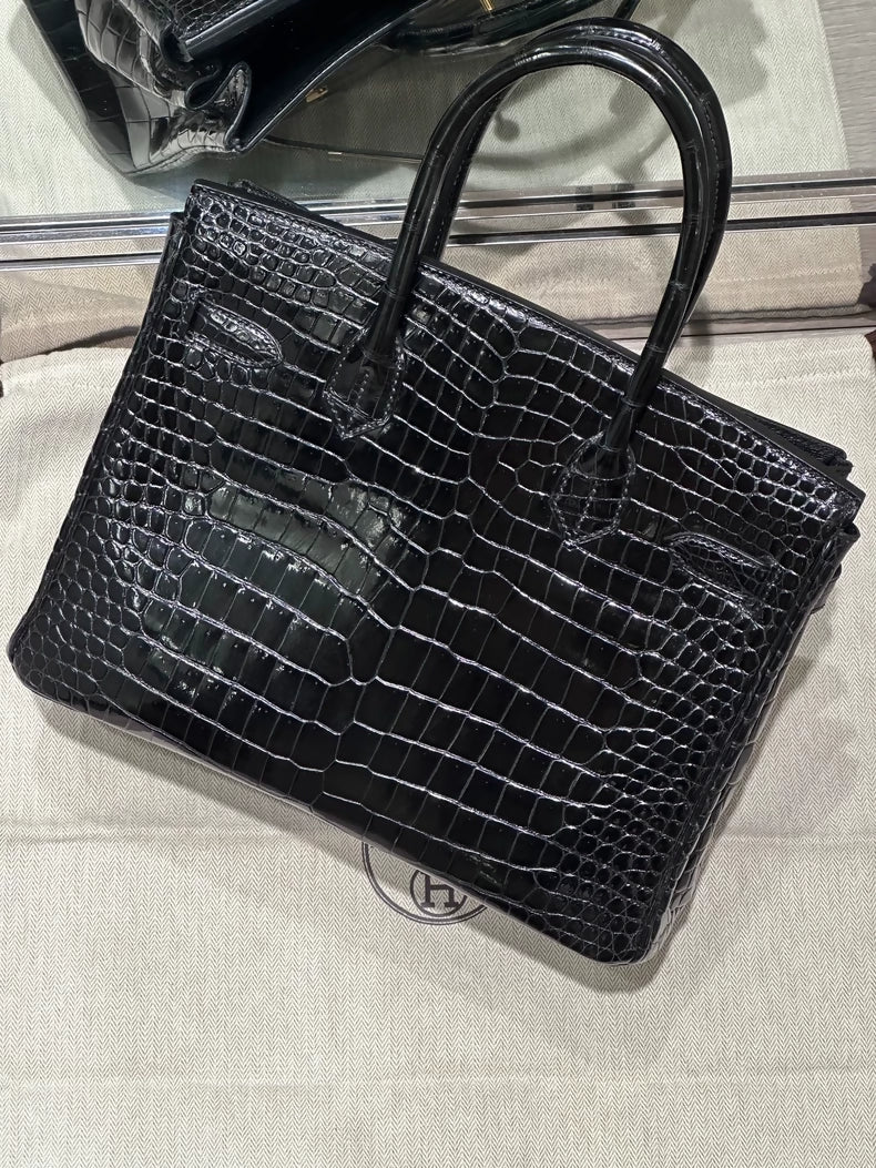 Hermes Birkin 30 black shiny crocodile leather gold hardware