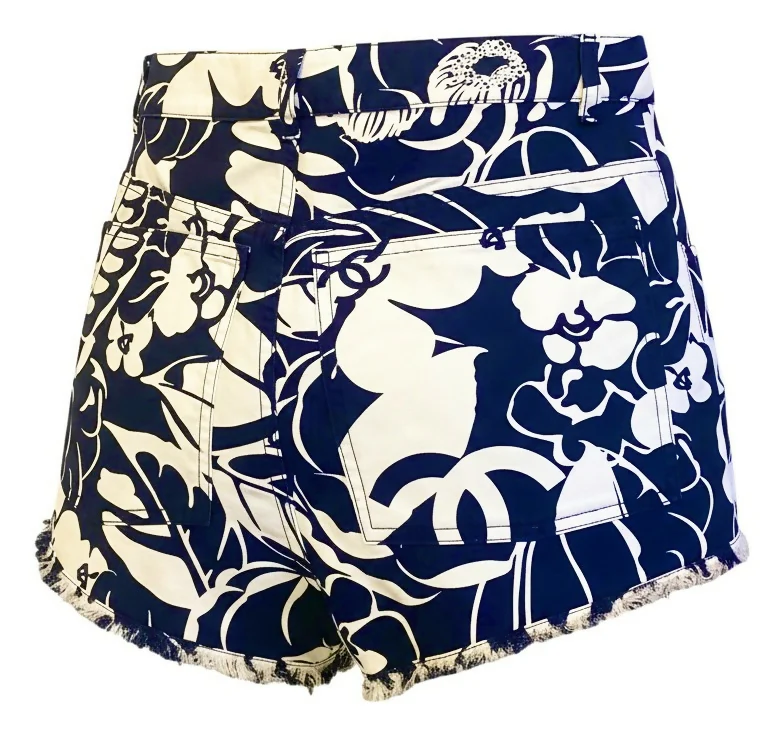 Chanel 2021 Coco Beach Dark Navy Blue White Mini Cotton Shorts FR 38