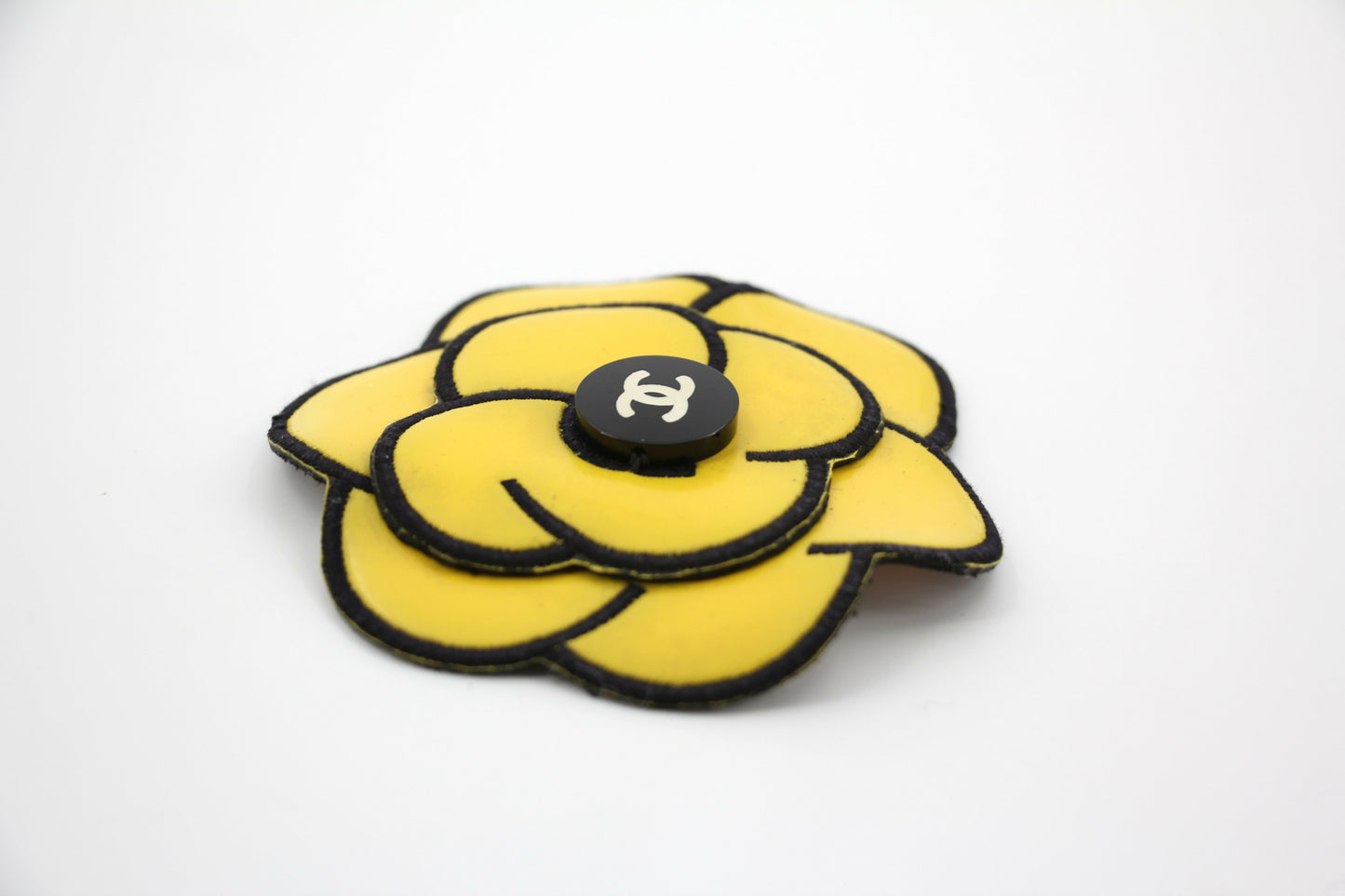 Chanel Vintage 95 Yellow Embroidered Camellia Brooch