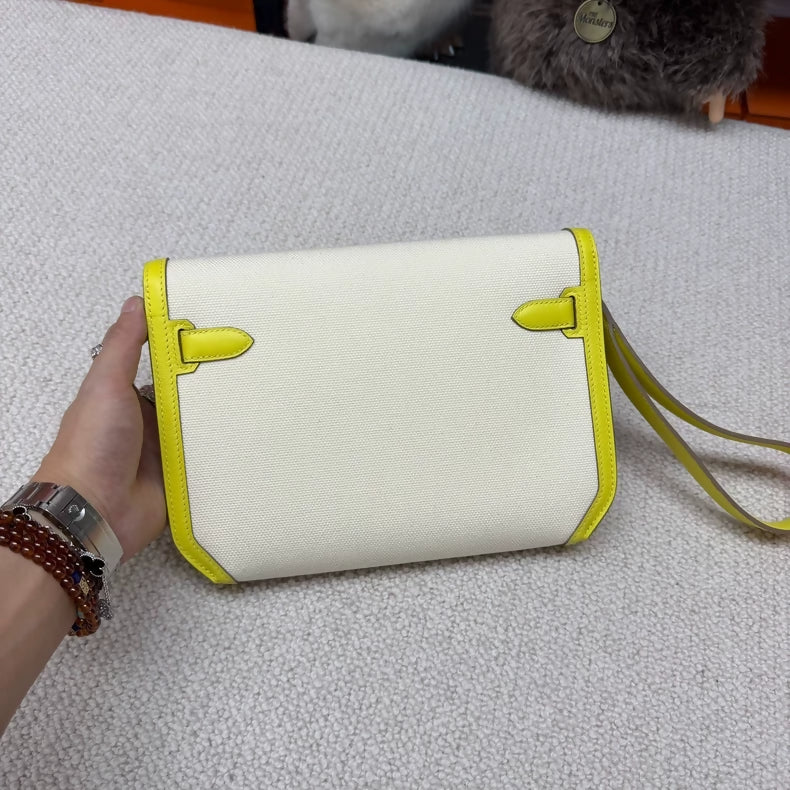 Hermes Kelly Depeches 25 Canvas and yellow Leather Palladium Hardware
