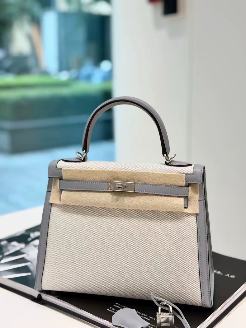 Hermes Kelly 25 toile  grey swift leather palladium hardware
