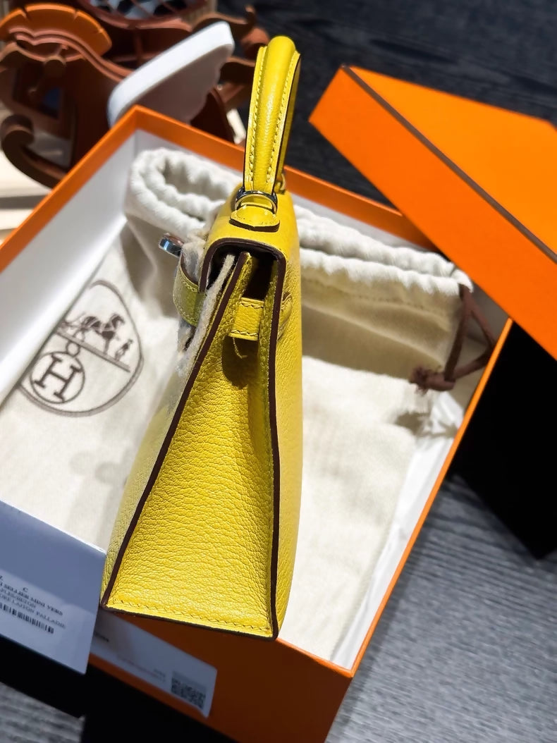 Hermes mini Kelly 20 yellow goatskin Chevre leather palladium hardware
