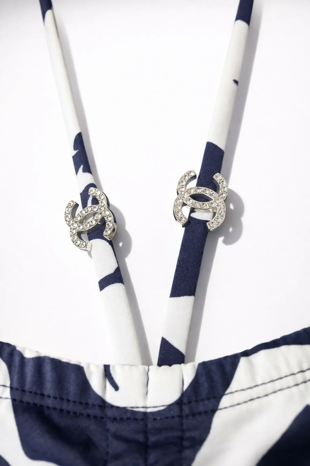 Chanel 2021 Coco Beach Dark Navy White One-Piece Cut Out Swimsuit FR 40