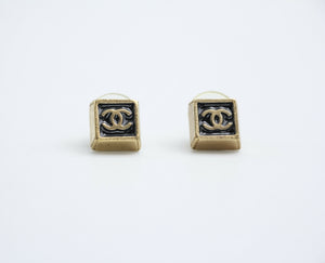 Chanel Vintage 03P Metal Square Black Stud Earrings