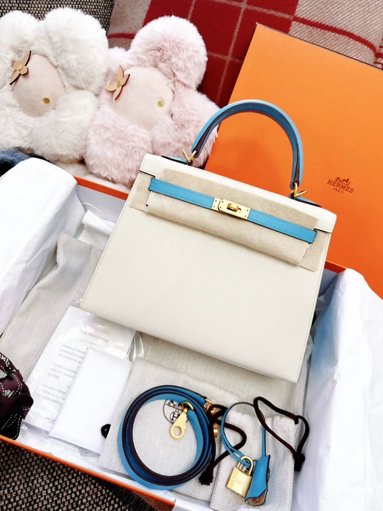 Hermes Kelly 25 special order ecru  blue Epsom leather brushed gold hardware