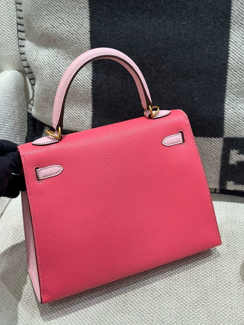 Hermes Kelly 25 Lipstick Pink Pink Sakura Goat Leather brushed gold hardware