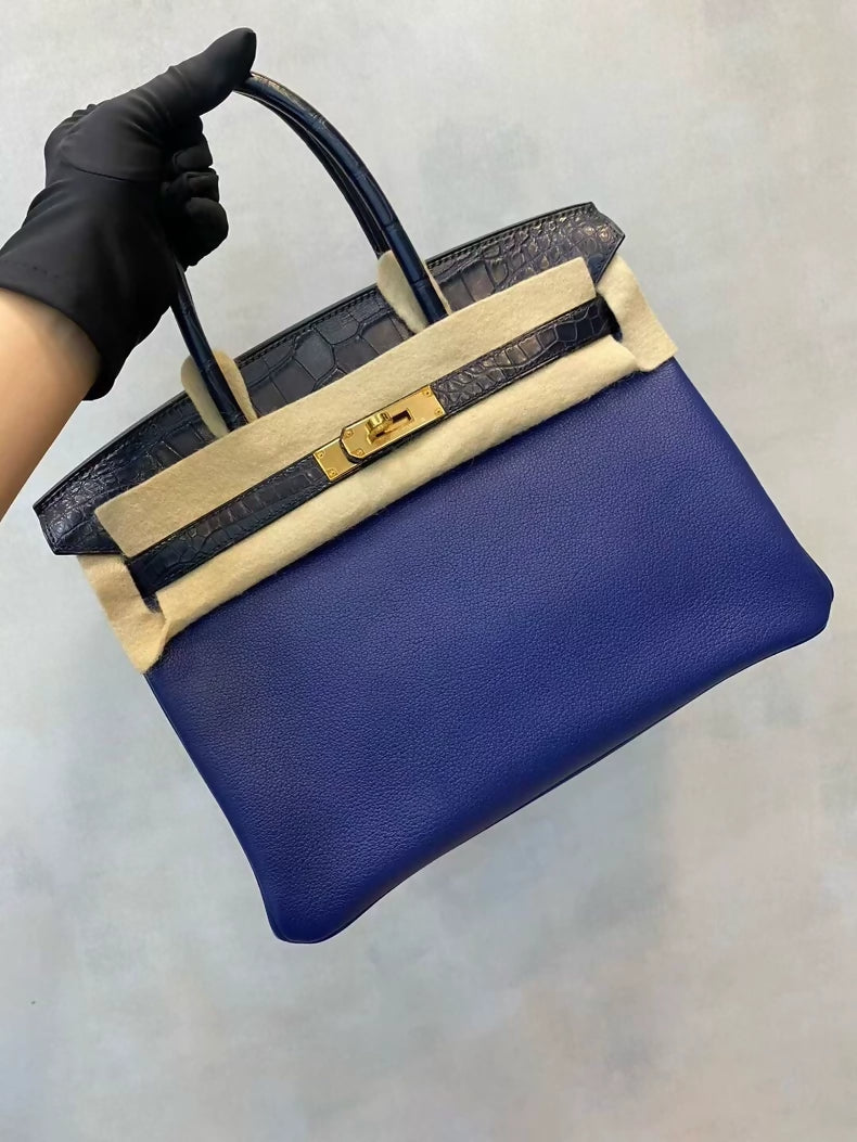Hermes Birkin touch 30 in blue togo matte crocodile leather gold hardware