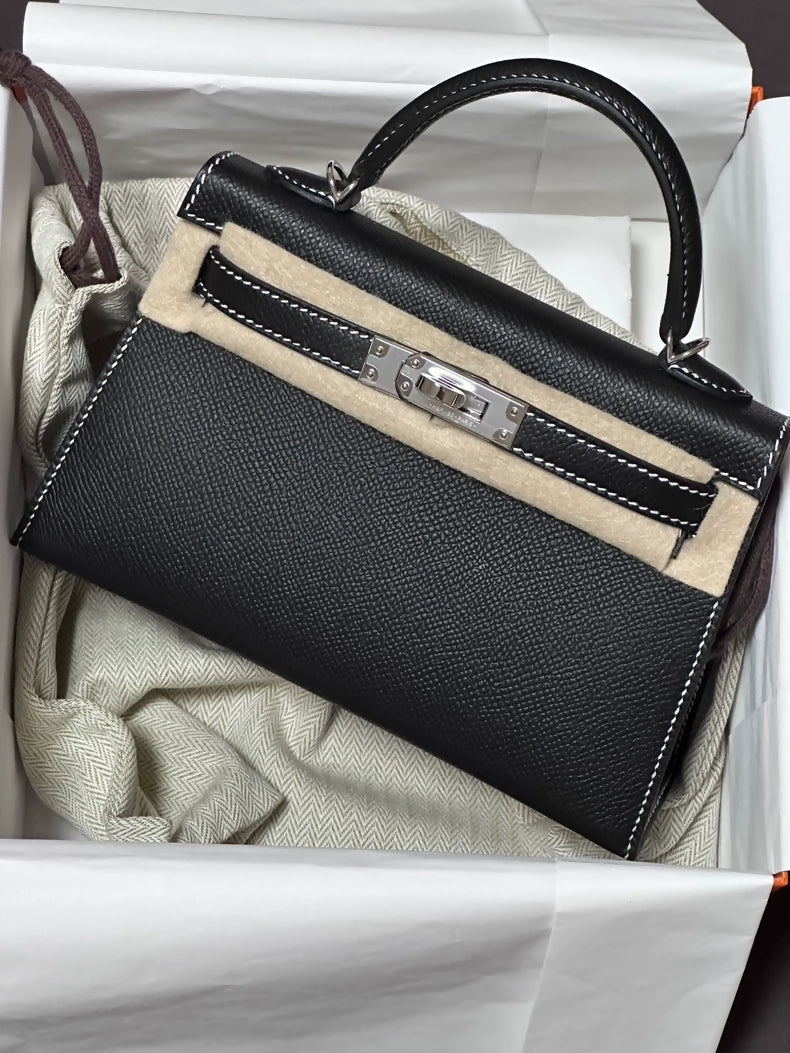 Hermes mini kelly 20 black epsom leather palladium hardware with stitching