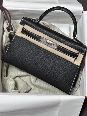 Hermes mini kelly 20 black epsom leather palladium hardware with stitching