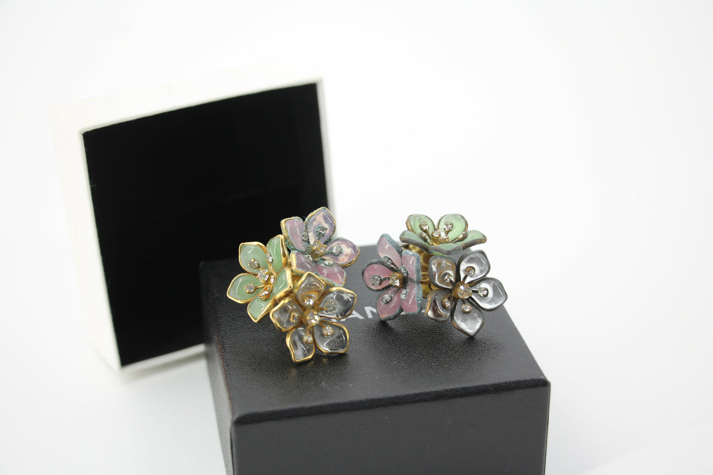 Chanel Vintage 71-80 Rhinestone Pink and Green Flower Earrings
