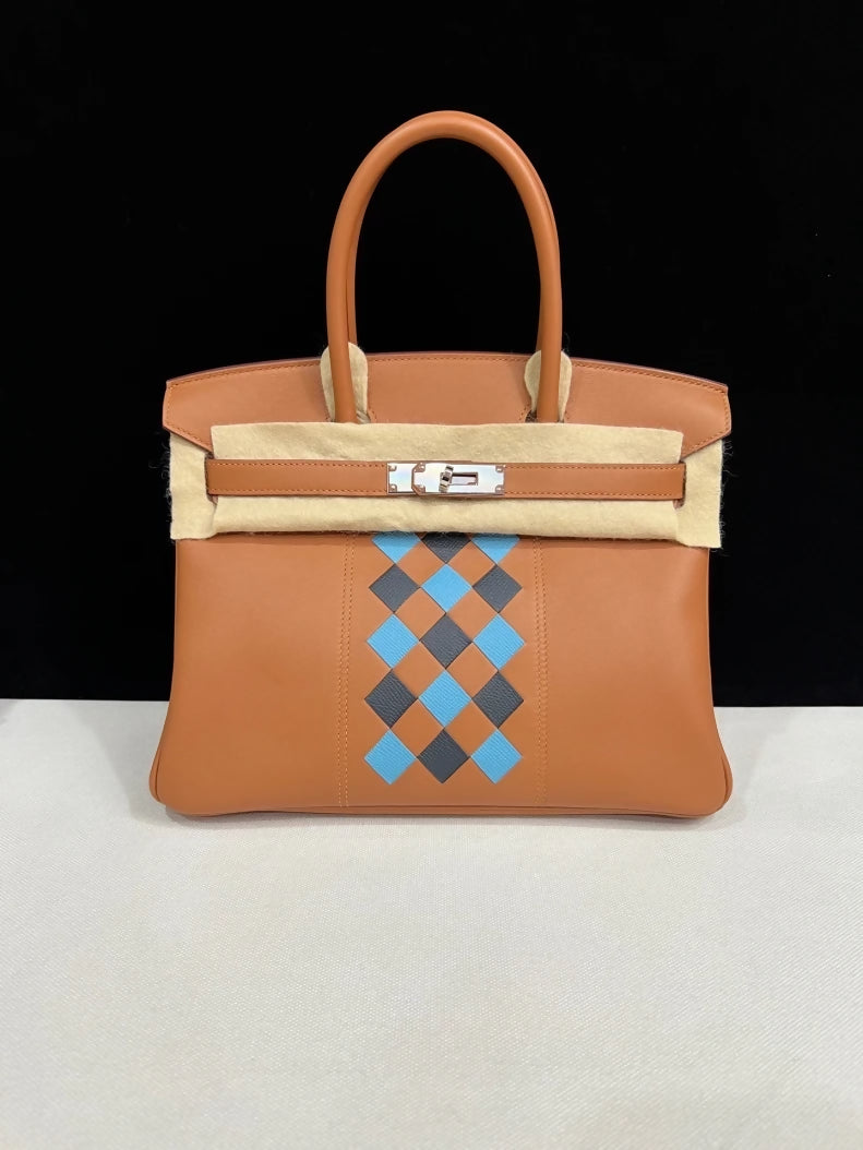 Hermes Birkin 30 Tressage Swift Gold/Bleu du Nord/Bleu Indigo leather palladium hardware