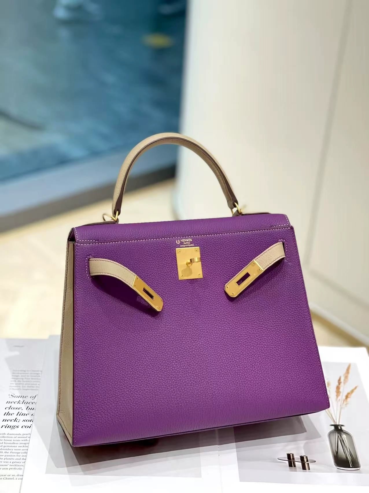 Hermes Kelly 28 P9 anemone purple and S2 trench coat Epsom  leather with brushed gold hardware