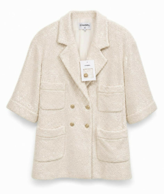 NWT Chanel 22S Runway Ecru Tweed Iridescent Boucle Coat Dress Jacket FR 42
