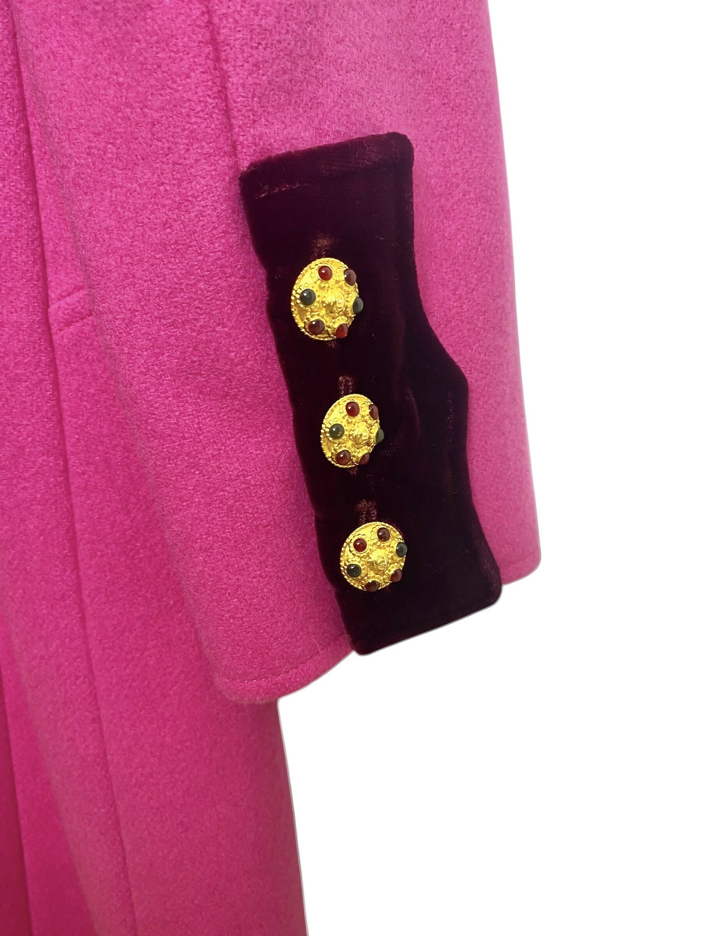 Rare Chanel 96A Vintage Pink  Burgundy Velvet Trim Gripoix Double Breasted Coat FR 38