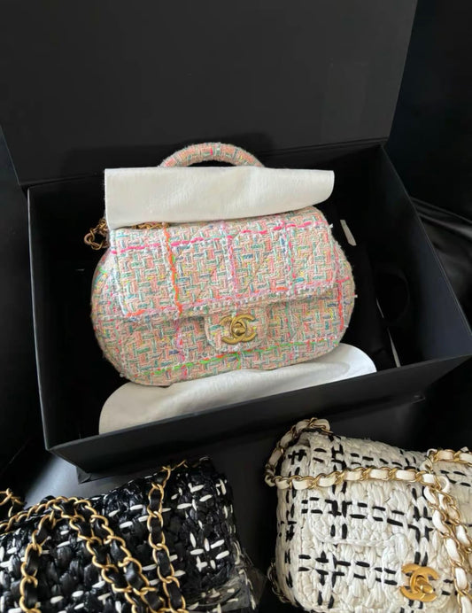 CHANEL Chanel Mini Flap Bag with Top Handle Pink Tweed Antique Gold Hardware - Small Crossbody Bag - Used fashion item from Top Quality Luxury Designers Bag