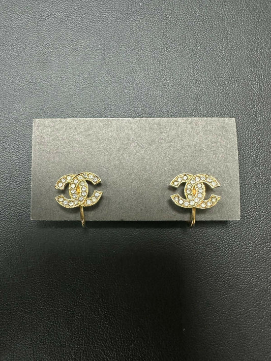 Chanel Vintage 71-80 Rhinestone  Gold-Plated Large CC Clip-on Earrings