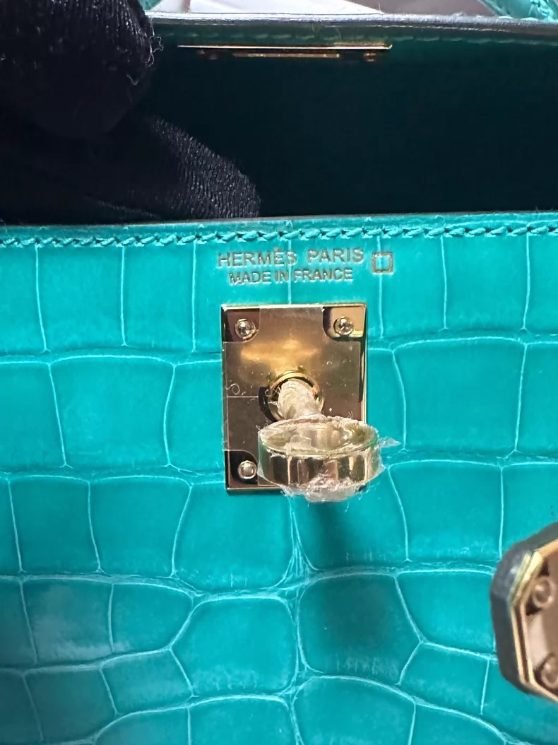 Hermes mini Kelly 20 Jade Green shiny crocodile leather gold hardware