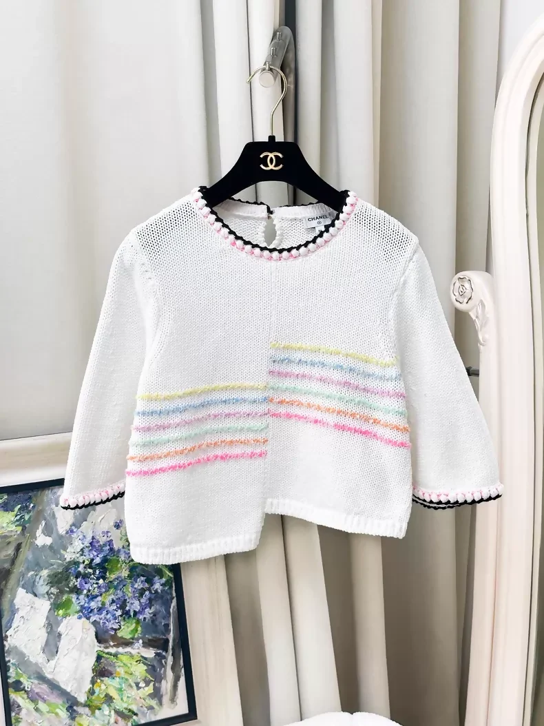 Chanel 24S Rainbow Striped Irregular White Knit Top and Skirt