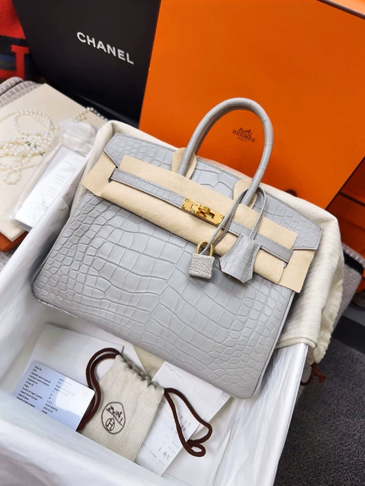 Hermes Birkin 25 0V Gris cement matte crocodile leather gold hardware