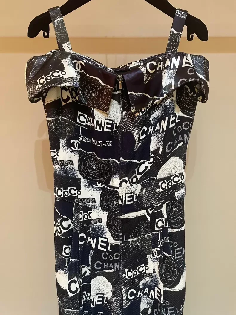 Chanel 2020 camellia letter graffiti satin patchwork off-shoulder jumpsuit
