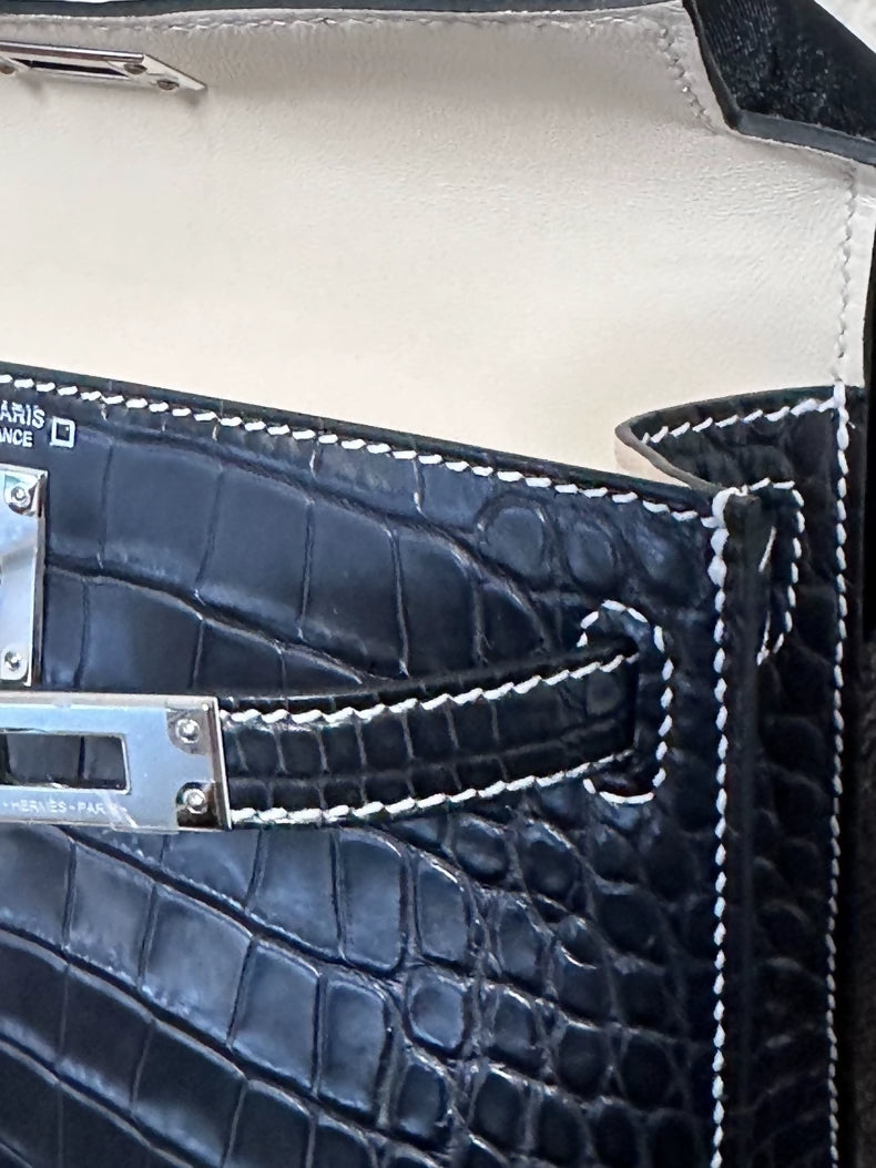 Hermes mini Kelly 20 black matte crocodile leather palladium hardware with white stitching