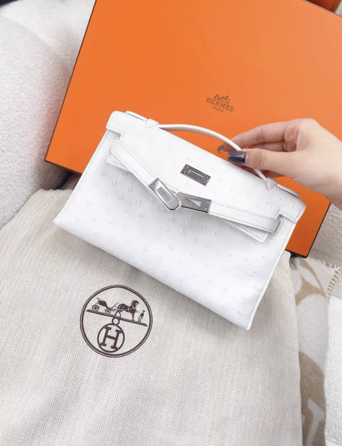 Hermes kelly pochette white ostrich leather palladium hardware
