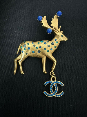 Chanel Vintage 01A Rhinestone Blue Golden Green Reindeer Brooch