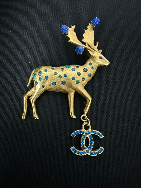 Chanel Vintage 01A Rhinestone Blue Golden Green Reindeer Brooch