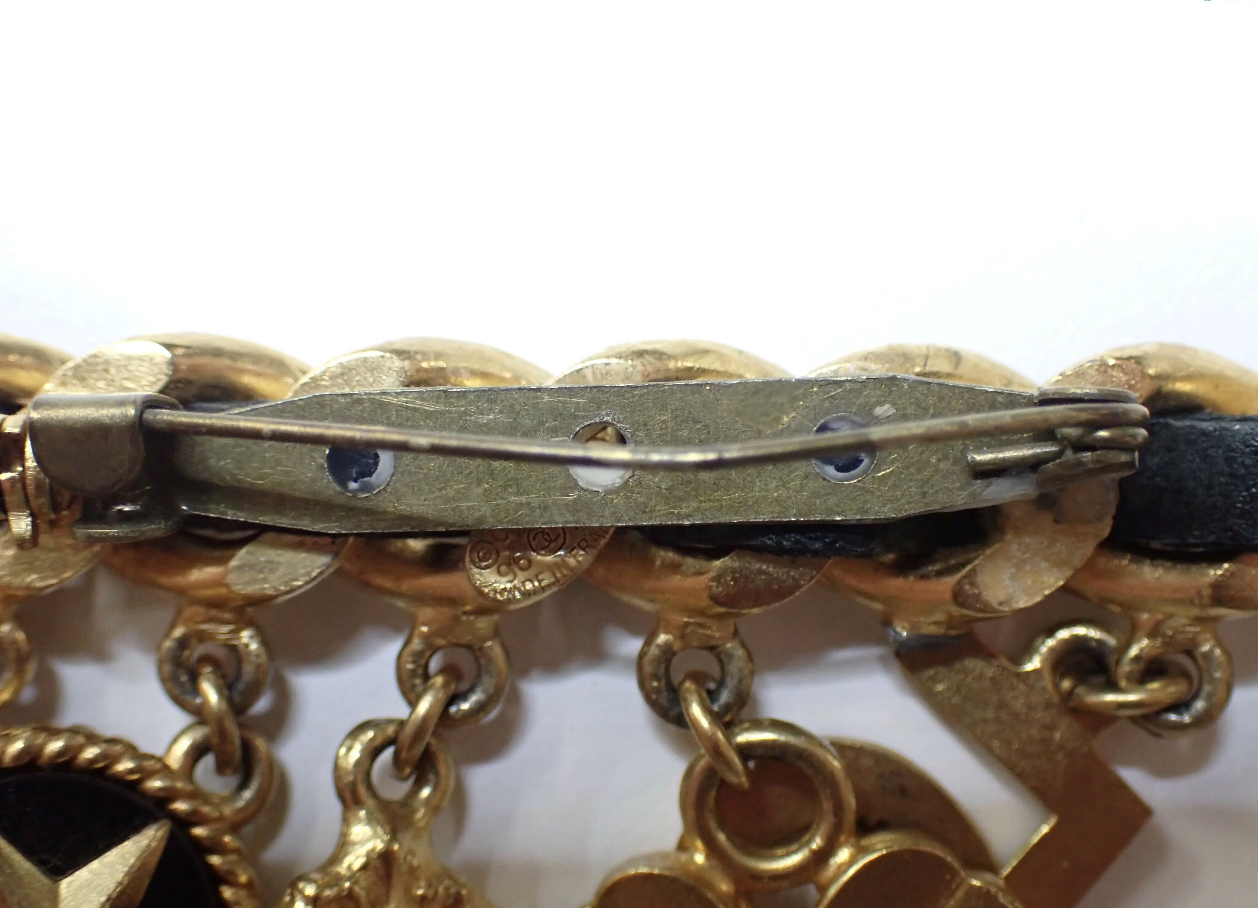 Chanel Vintage 96P Gold Plated & Leather Perfume Bottle Shoe Camellia Quilted Bag Charm Brooch