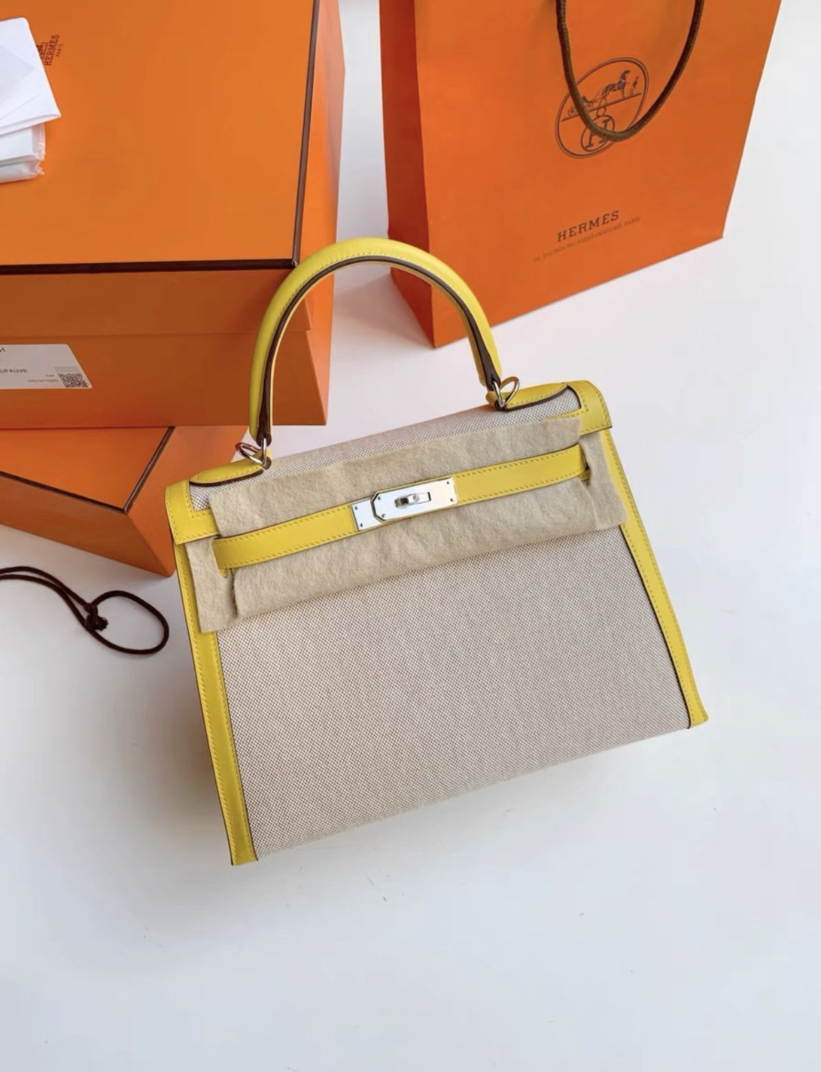 Hermès HERMES kelly28 9o Naples yellow patchwork canvas silver - Kelly 28 Tote Bag - Used fashion item from Top Quality Luxury Designers Bag