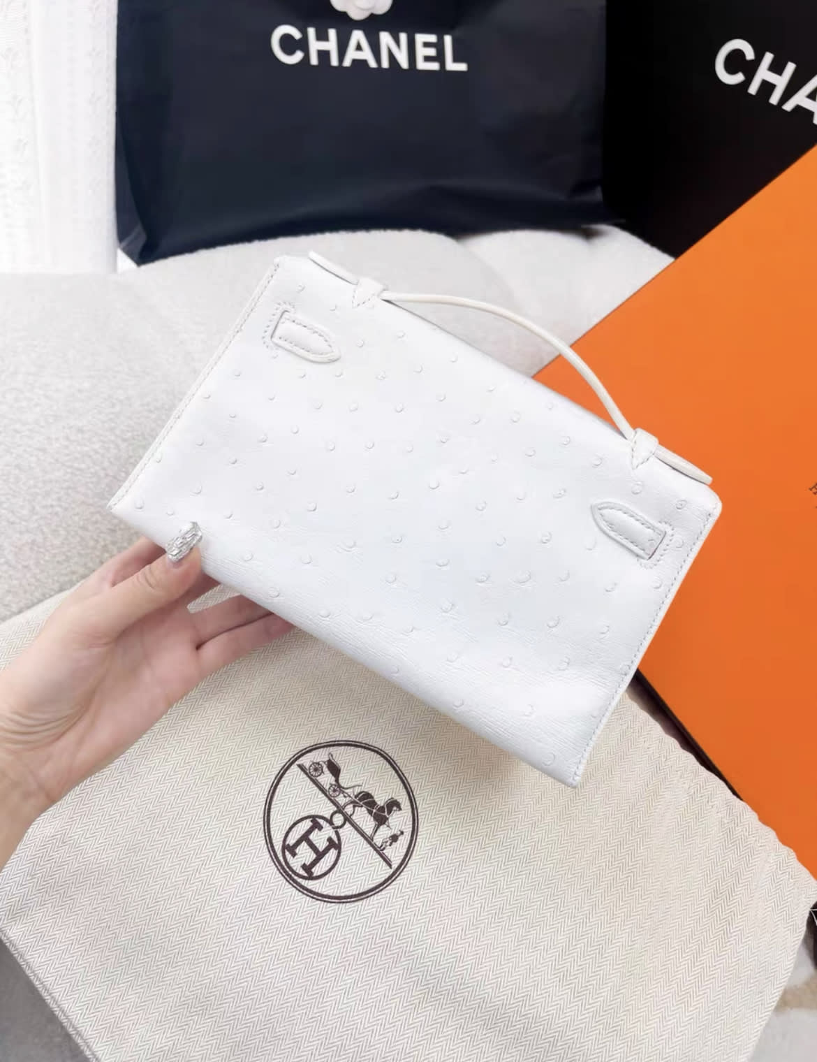 Hermes kelly pochette white ostrich leather palladium hardware