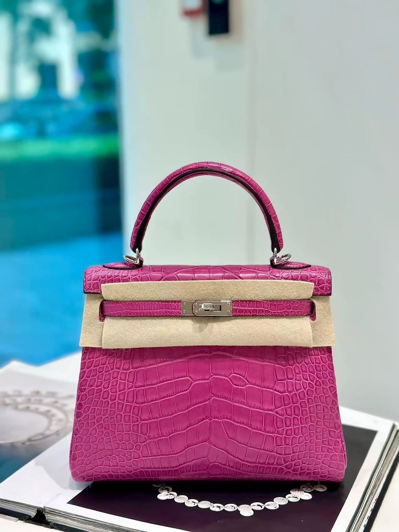 Hermes Kelly 25 J5 rose Scheherazade matte Crocodile palladium hardware