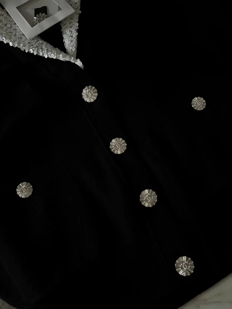 Chanel 23C White Sequined Collar Black Wool Cardigan
