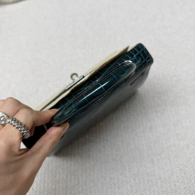 Hermes Kelly 25 Vert Rousseau Green shiny crocodile leather palladium hardware