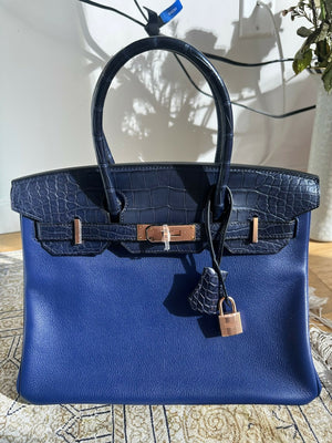 Hermes Birkin Touch 30 Bleu Marine Matte Mississipien Alligator and Bleu Saphir Novillo Rose Gold Hardware