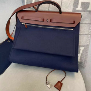 Hermes Blue/Brown Canvas and Leather Herbag Zip 39 Bag
